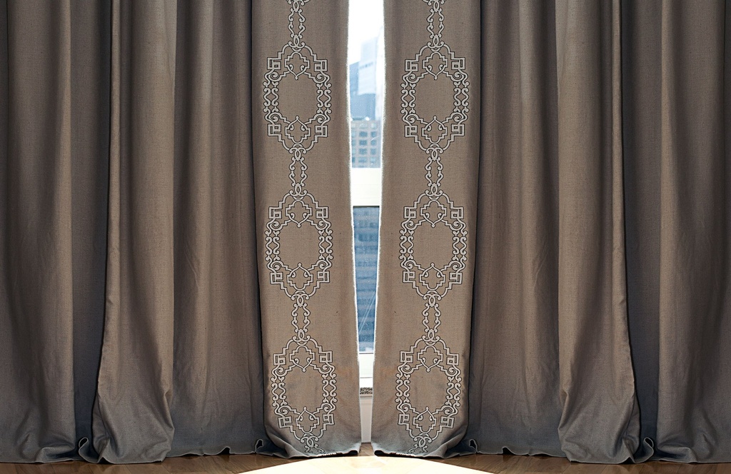 Kimberly Pattern # Borders Drape # Trellis Design# Leading Edge# Grey # White # Embroidery detail